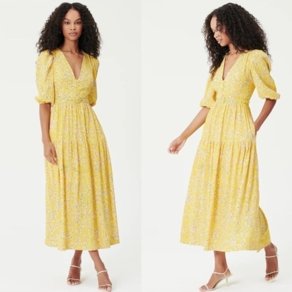 Nicholas Celie Midi Dress Hastings Floral Yellow Linen  Dress Cottagecore - Picture 1 of 16